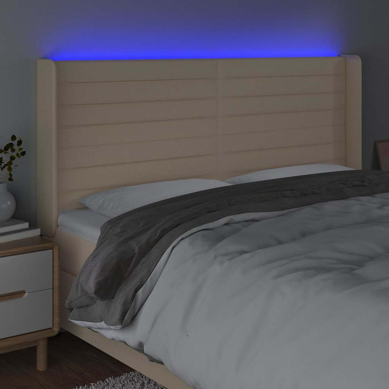 Tăblie de pat cu LED, crem, 183x16x118/128 cm, textil
