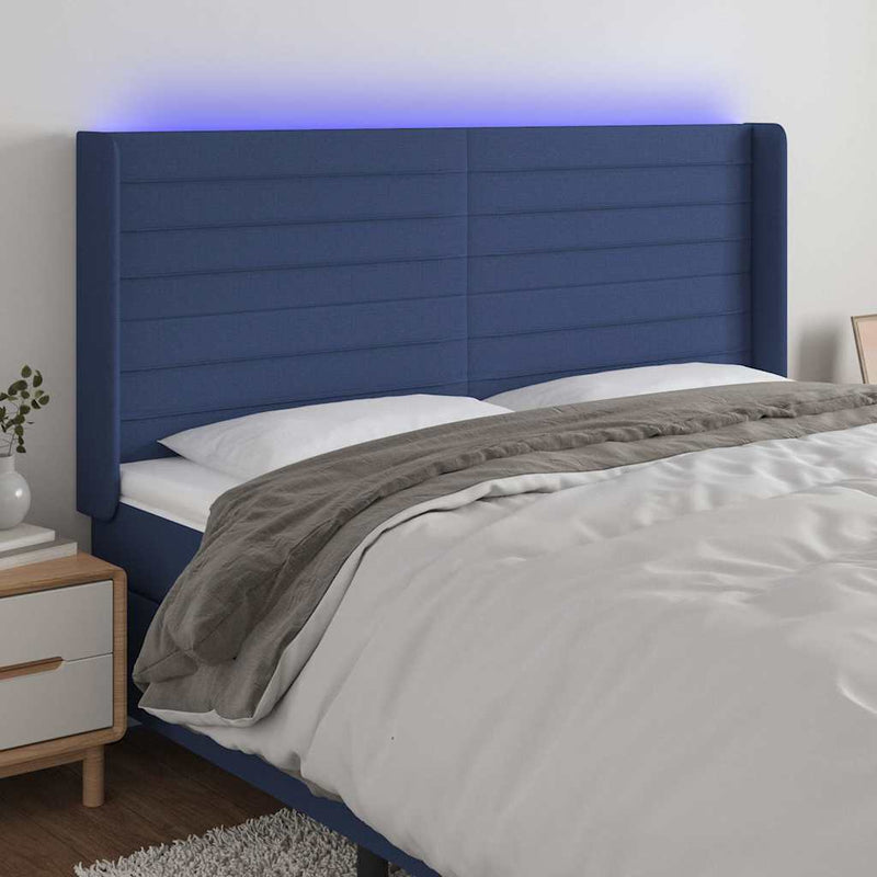 Tăblie de pat cu LED, albastru, 183x16x118/128 cm, textil