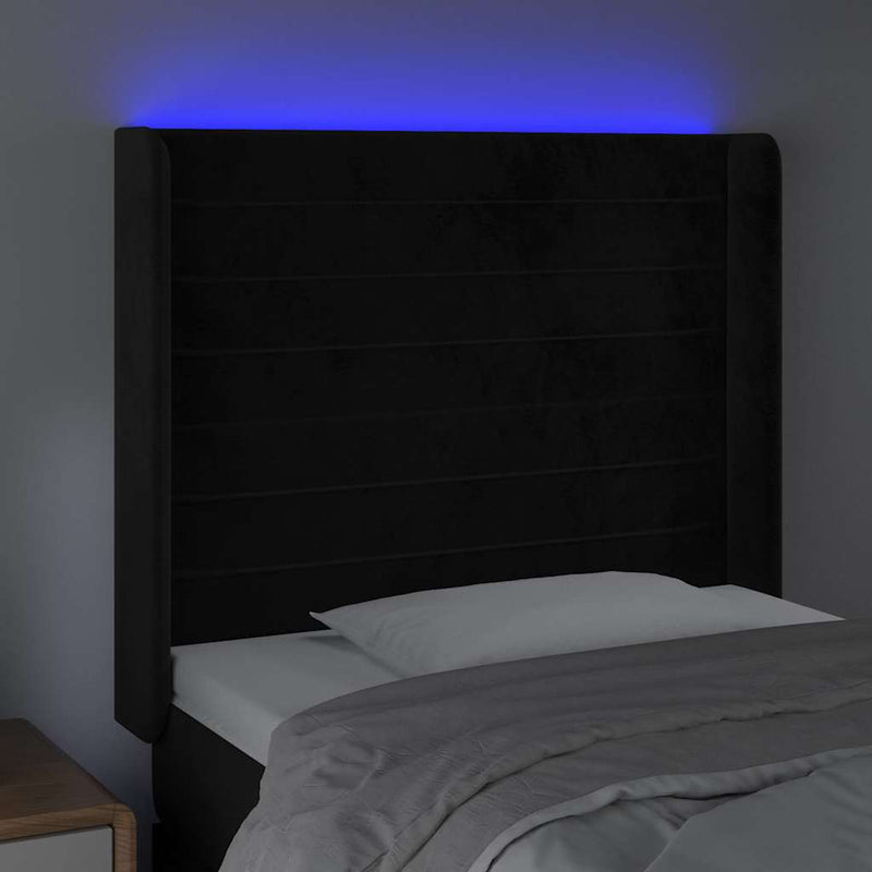 Tăblie de pat cu LED, negru, 93x16x118/128 cm, catifea