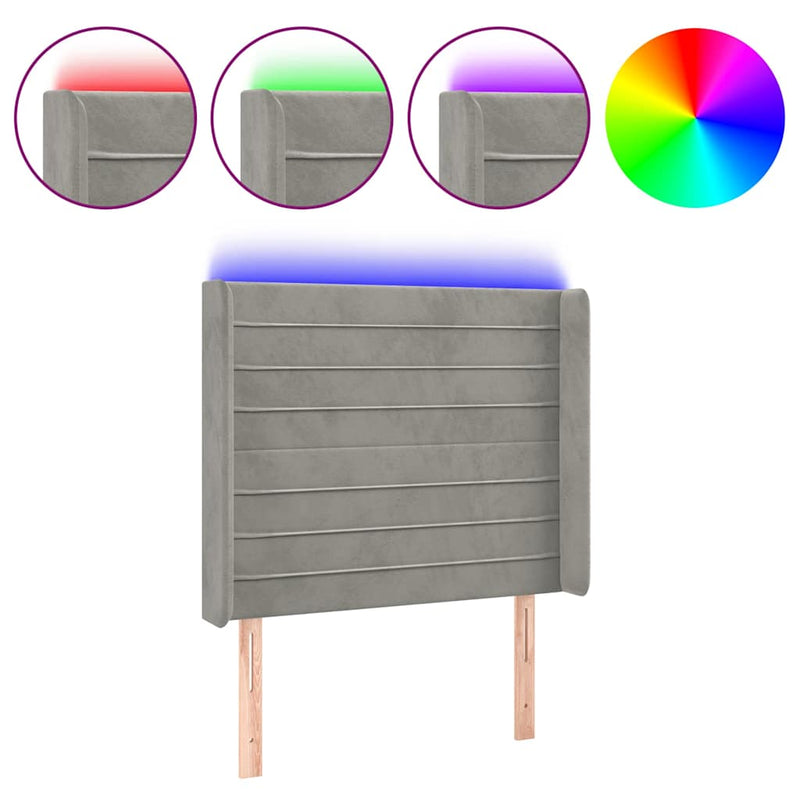 Tăblie de pat cu LED, gri deschis, 103x16x118/128 cm, catifea
