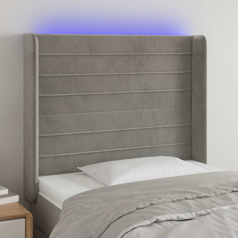 Tăblie de pat cu LED, gri deschis, 103x16x118/128 cm, catifea