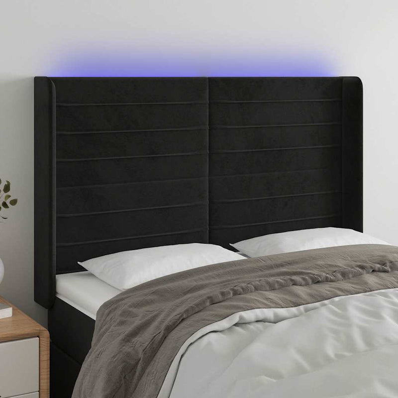 Tăblie de pat cu LED, negru, 147x16x118/128 cm, catifea