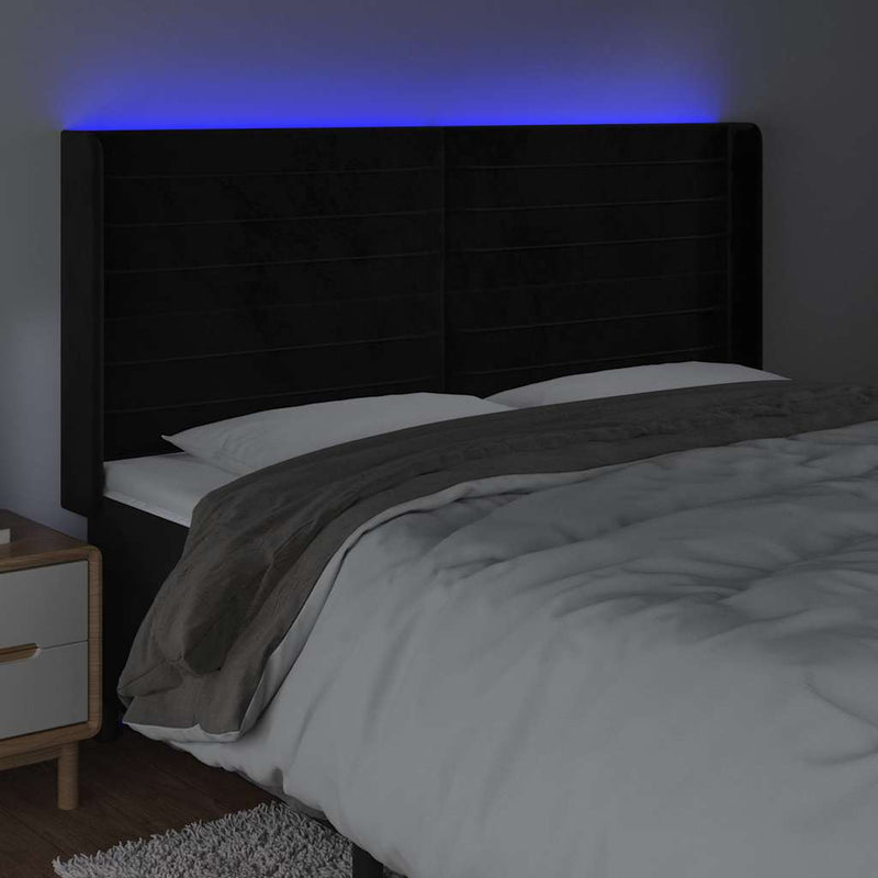 Tăblie de pat cu LED, negru, 183x16x118/128 cm, catifea