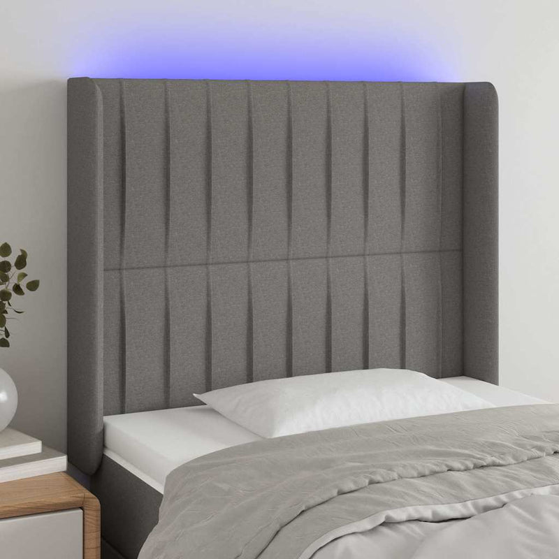Tăblie de pat cu LED, gri închis, 93x16x118/128 cm, textil