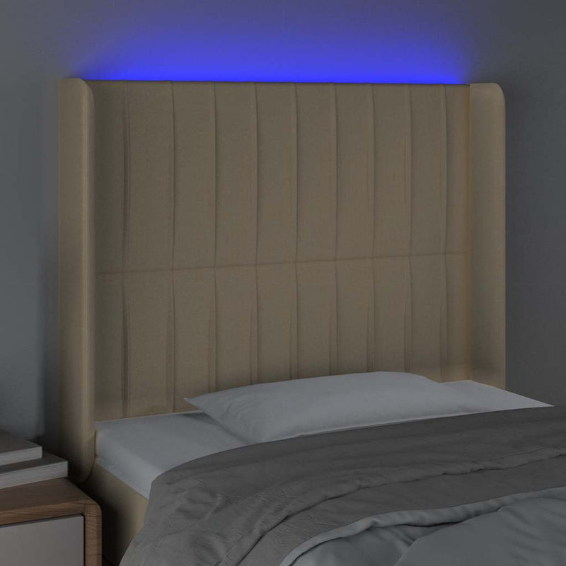 Tăblie de pat cu LED, crem, 93x16x118/128 cm, textil