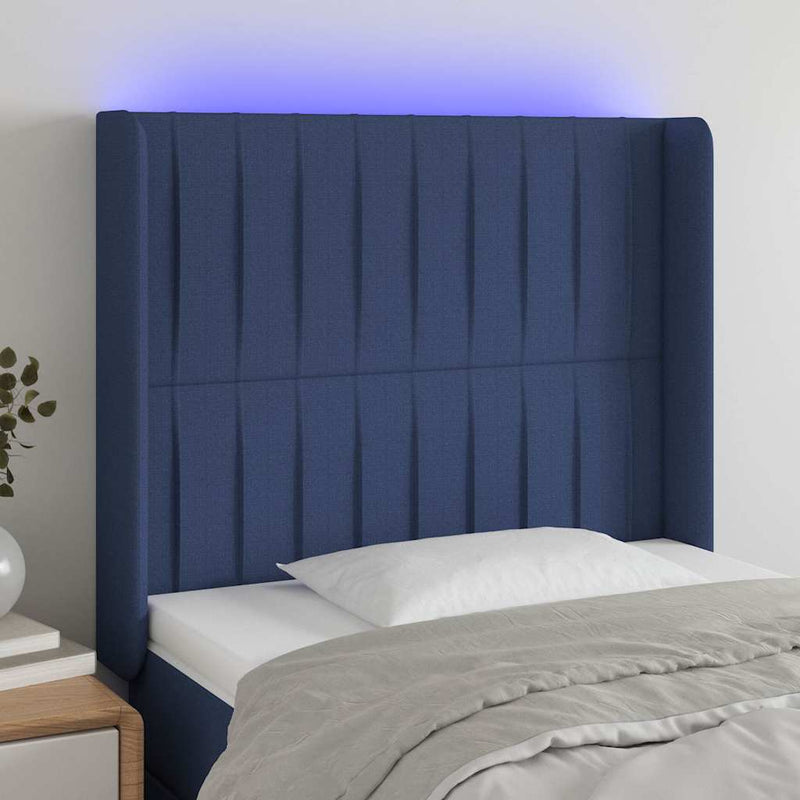 Tăblie de pat cu LED, albastru, 93x16x118/128 cm, textil