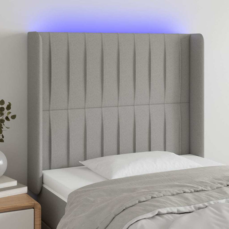 Tăblie de pat cu LED, gri deschis, 103x16x118/128 cm, textil