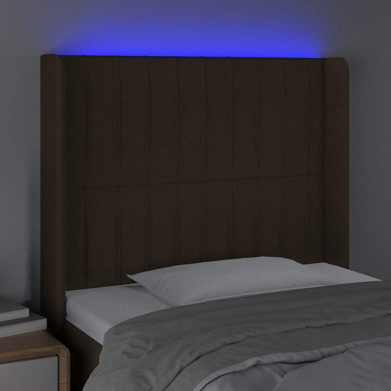 Tăblie de pat cu LED, maro închis, 103x16x118/128 cm, textil
