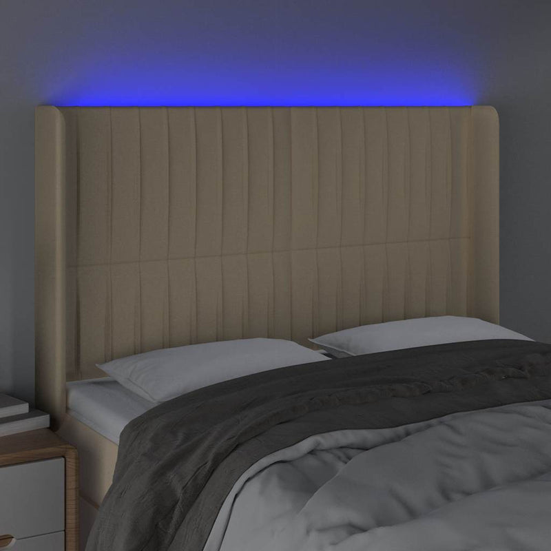 Tăblie de pat cu LED, crem, 147x16x118/128 cm, textil