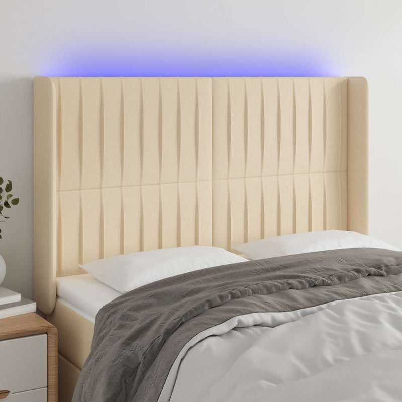 Tăblie de pat cu LED, crem, 147x16x118/128 cm, textil