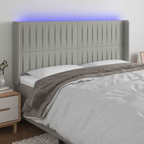 Tăblie de pat cu LED, gri deschis, 163x16x118/128 cm, textil