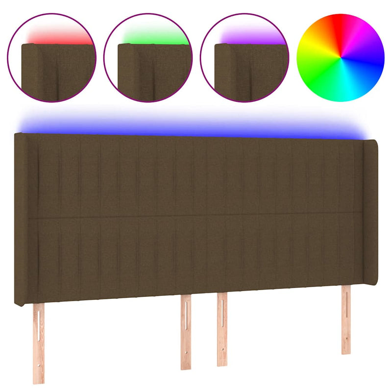 Tăblie de pat cu LED, maro închis, 163x16x118/128 cm, textil