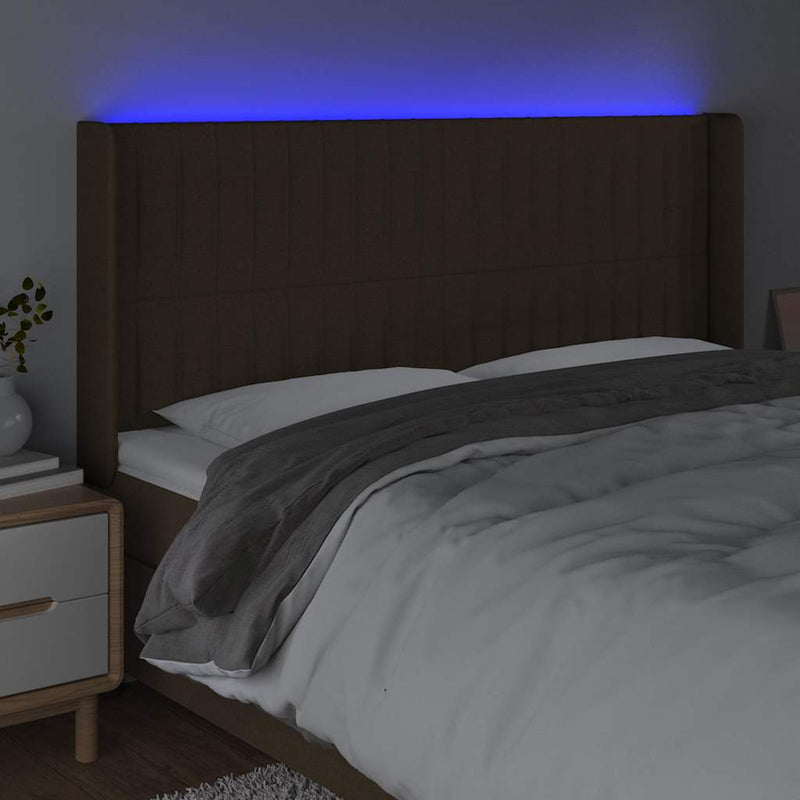 Tăblie de pat cu LED, maro închis, 163x16x118/128 cm, textil