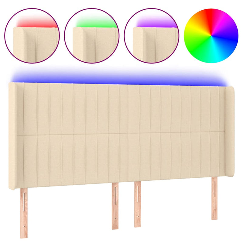 Tăblie de pat cu LED, crem, 163x16x118/128 cm, textil