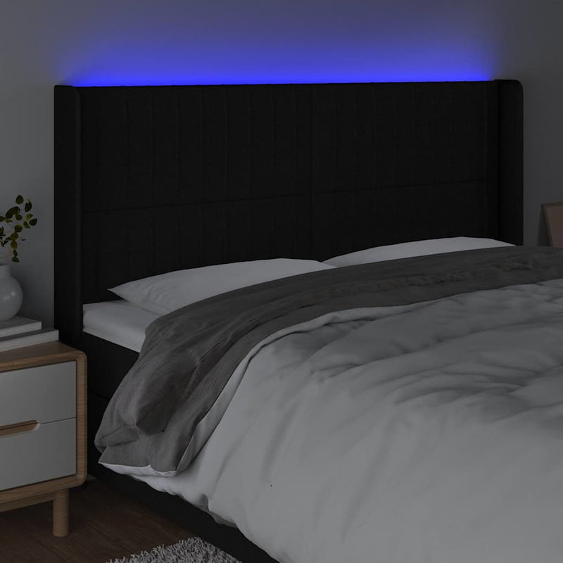 Tăblie de pat cu LED, negru, 183x16x118/128 cm, textil