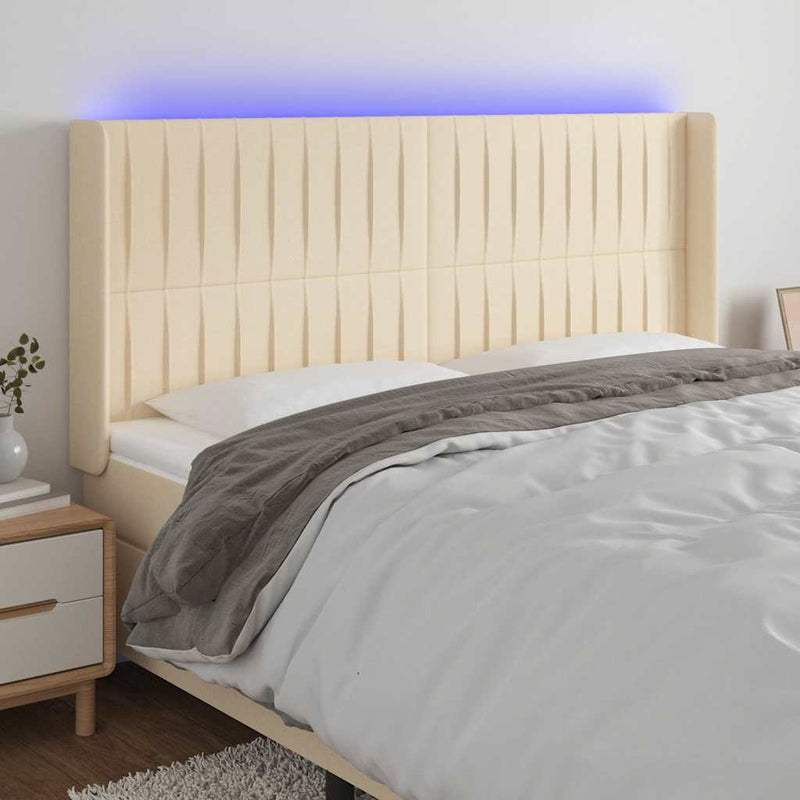 Tăblie de pat cu LED, crem, 203x16x118/128 cm, textil