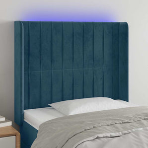 Tăblie de pat cu LED, albastru închis, 103x16x118/128cm catifea