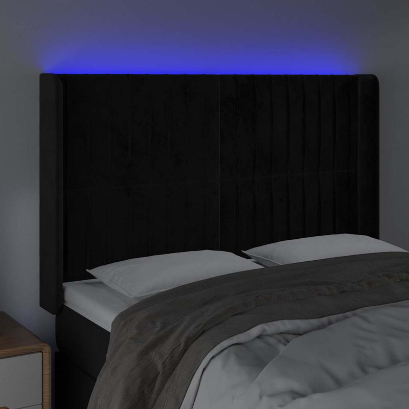 Tăblie de pat cu LED, negru, 147x16x118/128 cm, catifea