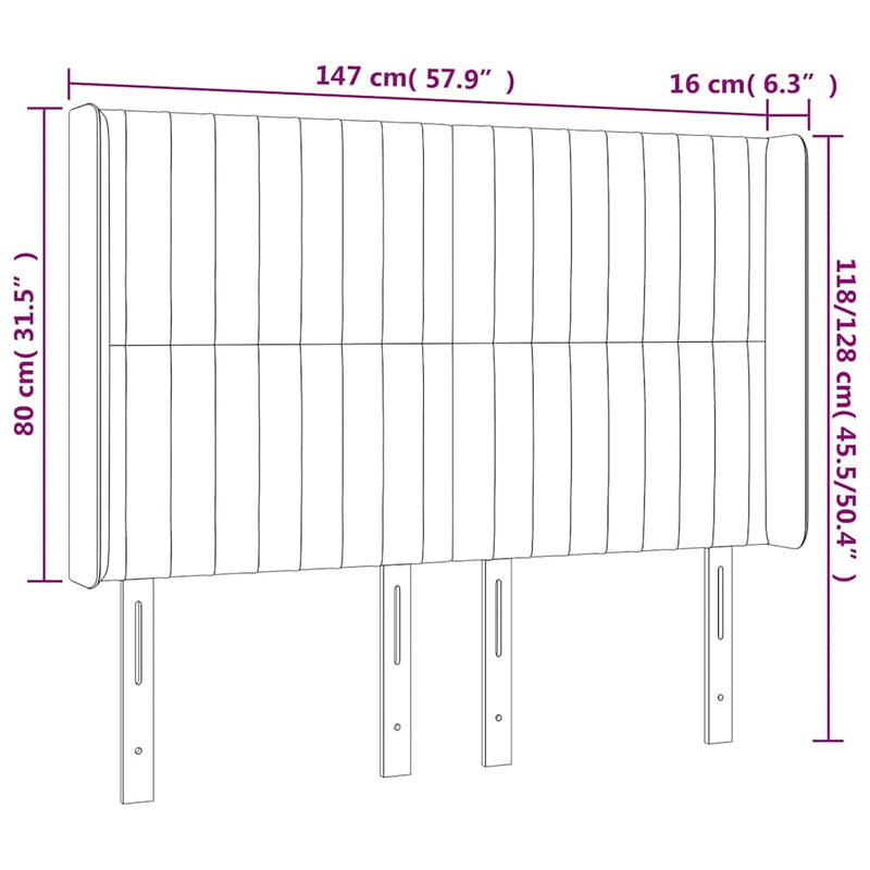 Tăblie de pat cu LED, negru, 147x16x118/128 cm, catifea