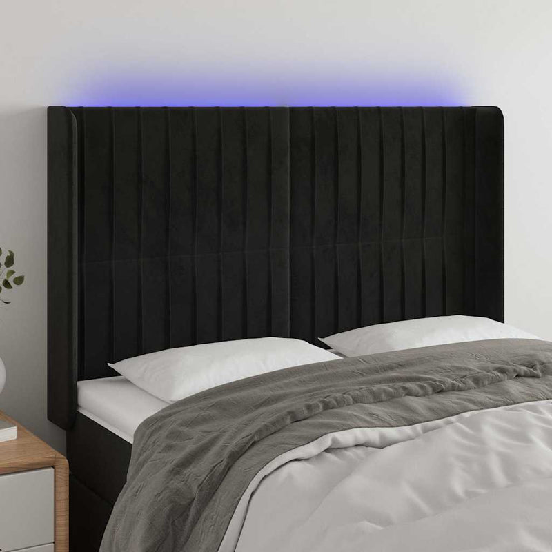 Tăblie de pat cu LED, negru, 147x16x118/128 cm, catifea