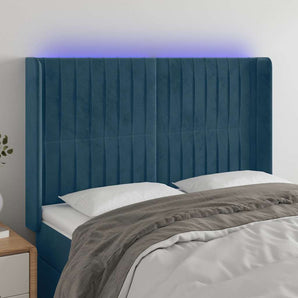 Tăblie de pat cu LED, albastru închis, 147x16x118/128cm catifea