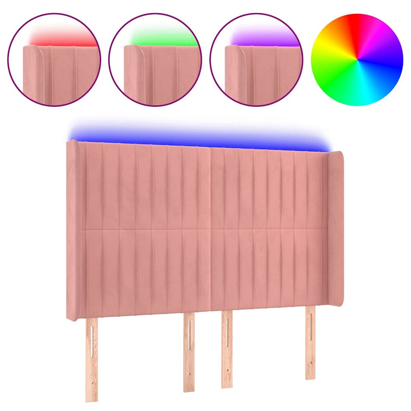 Tăblie de pat cu LED, roz, 147x16x118/128 cm, catifea