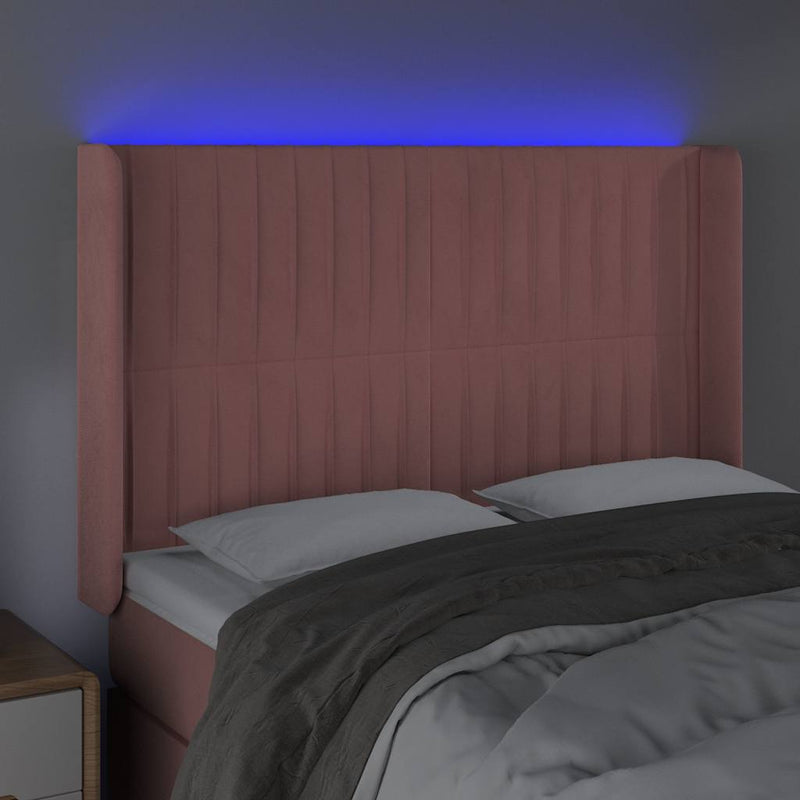 Tăblie de pat cu LED, roz, 147x16x118/128 cm, catifea