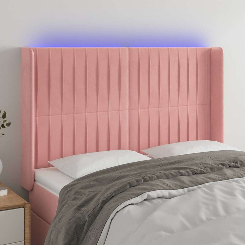 Tăblie de pat cu LED, roz, 147x16x118/128 cm, catifea