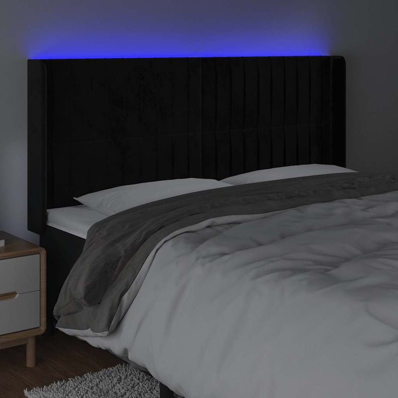 Tăblie de pat cu LED, negru, 163x16x118/128 cm, catifea