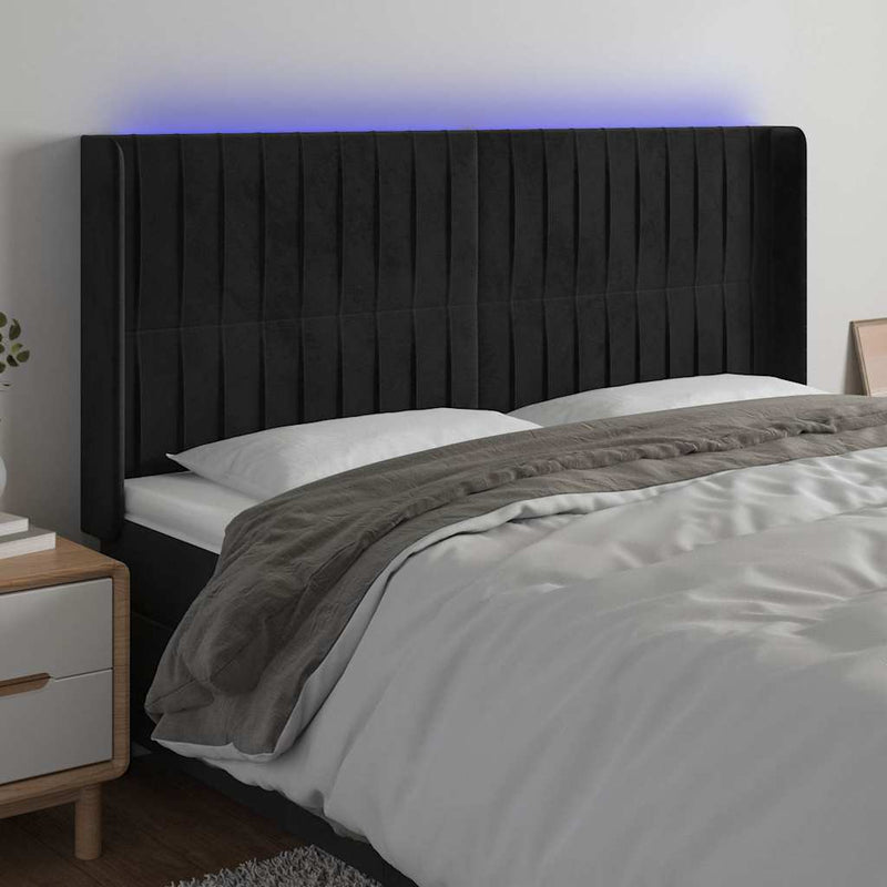 Tăblie de pat cu LED, negru, 163x16x118/128 cm, catifea
