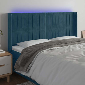 Tăblie de pat cu LED, albastru închis, 163x16x118/128cm catifea