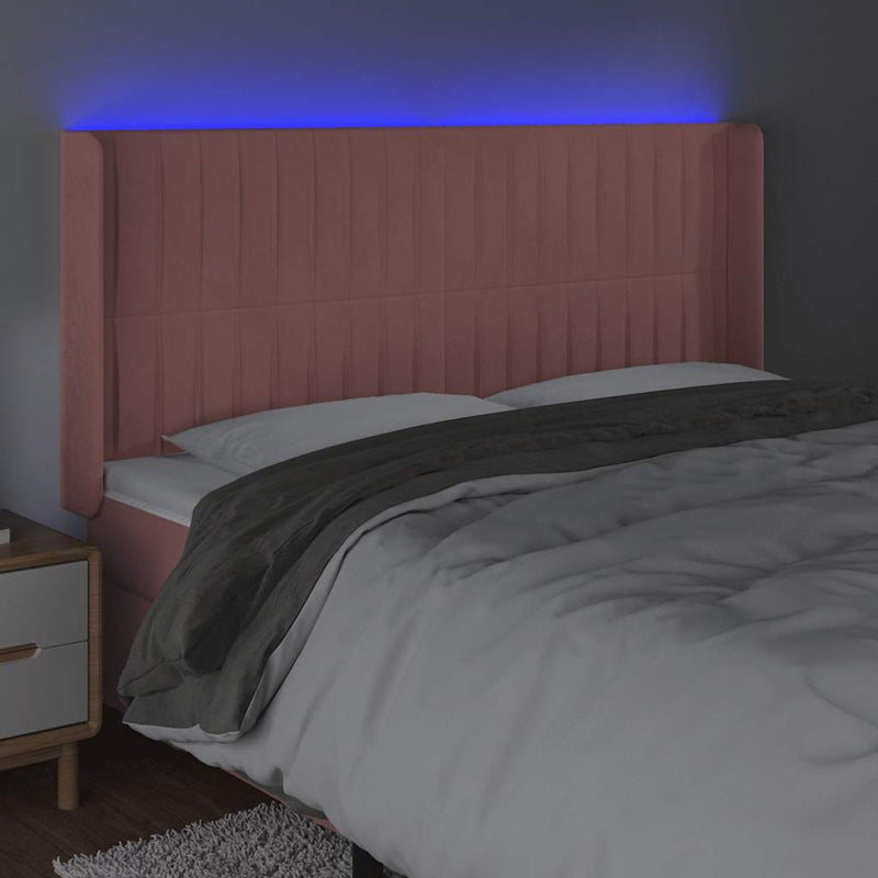 Tăblie de pat cu LED, roz, 163x16x118/128 cm, catifea