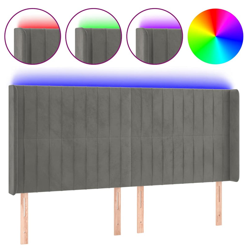 Tăblie de pat cu LED, gri deschis, 203x16x118/128 cm, catifea