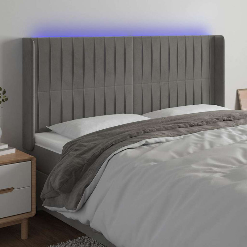 Tăblie de pat cu LED, gri deschis, 203x16x118/128 cm, catifea
