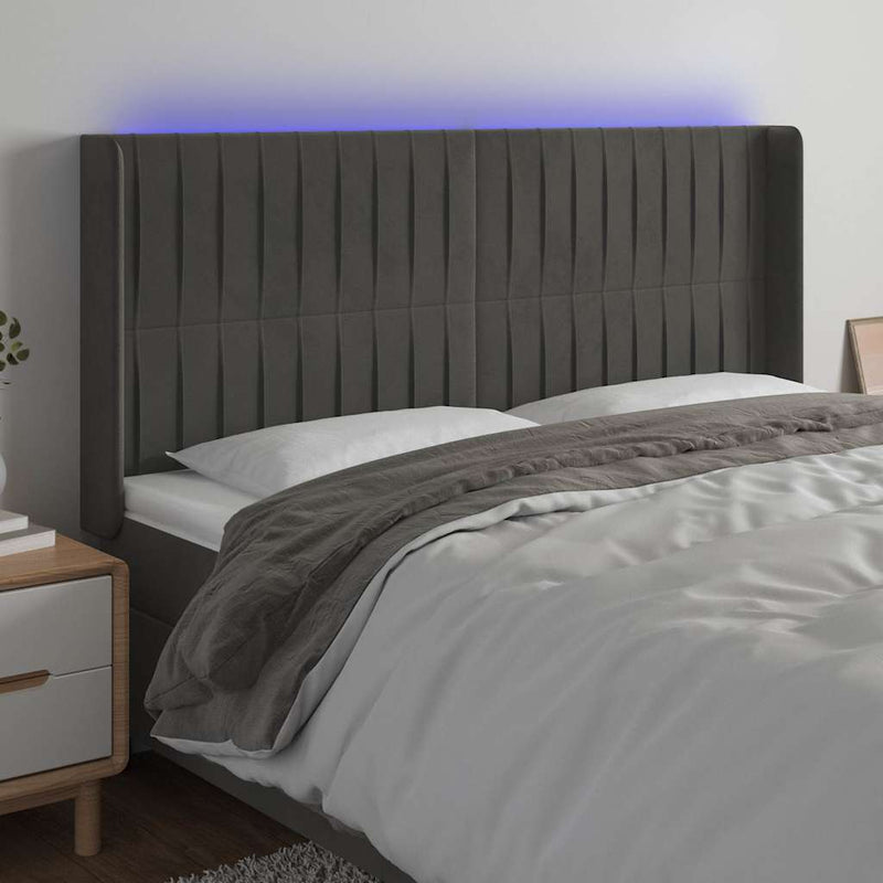 Tăblie de pat cu LED, gri închis, 203x16x118/128 cm, catifea