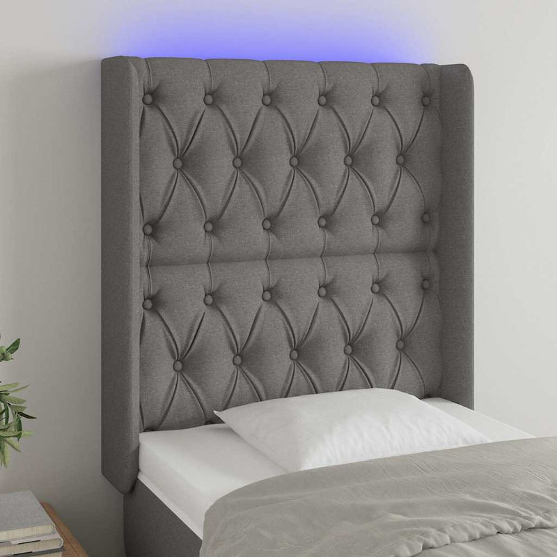 Tăblie de pat cu LED, gri închis, 83x16x118/128 cm, textil