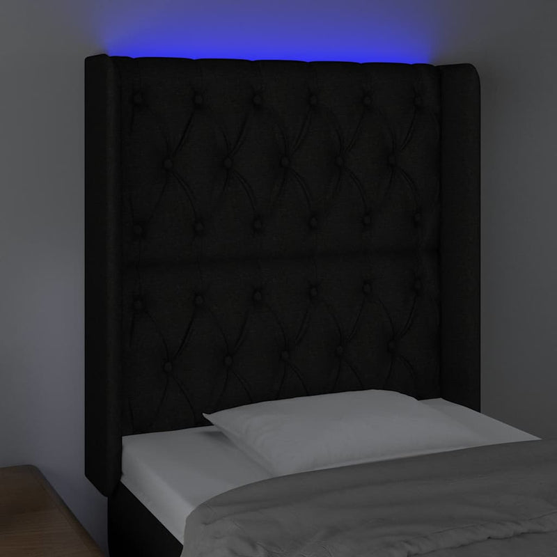 Tăblie de pat cu LED, negru, 83x16x118/128 cm, textil