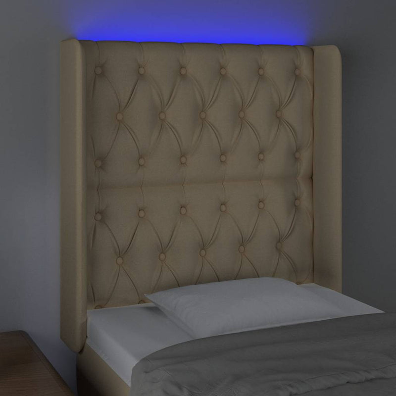 Tăblie de pat cu LED, crem, 83x16x118/128 cm, textil