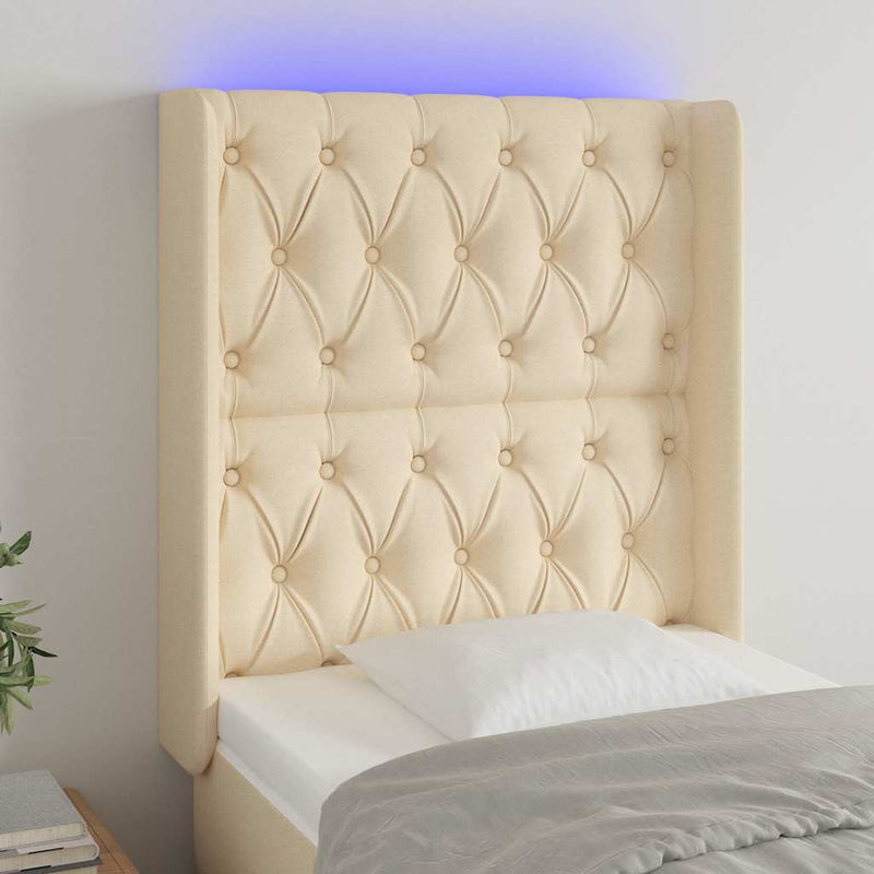Tăblie de pat cu LED, crem, 83x16x118/128 cm, textil