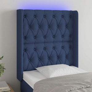 Tăblie de pat cu LED, albastru, 83x16x118/128 cm, textil