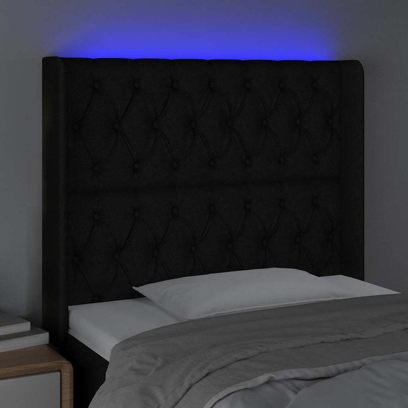 Tăblie de pat cu LED, negru, 93x16x118/128 cm, textil