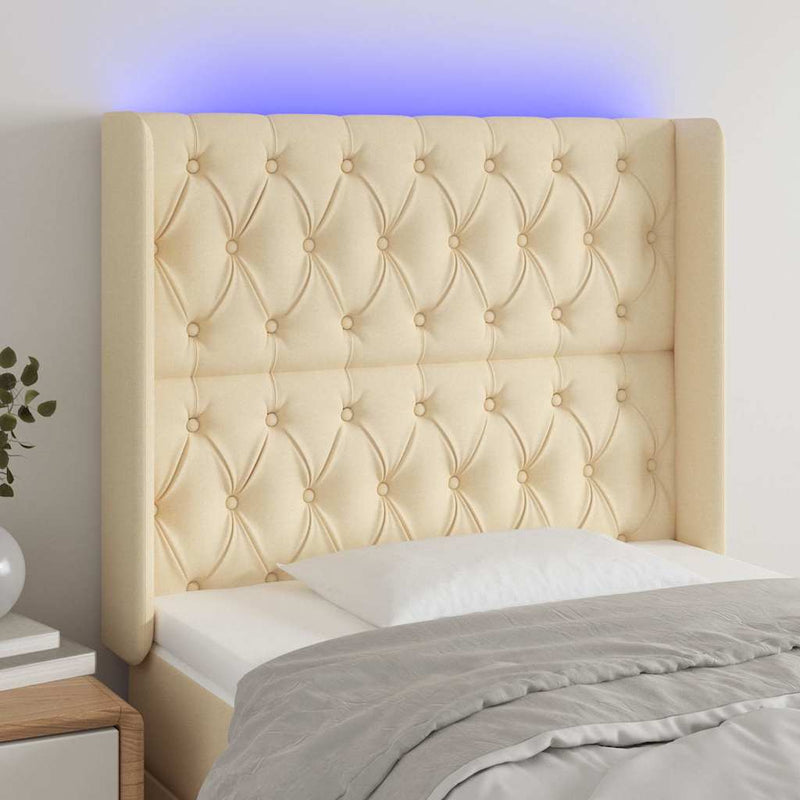 Tăblie de pat cu LED, crem, 93x16x118/128 cm, textil
