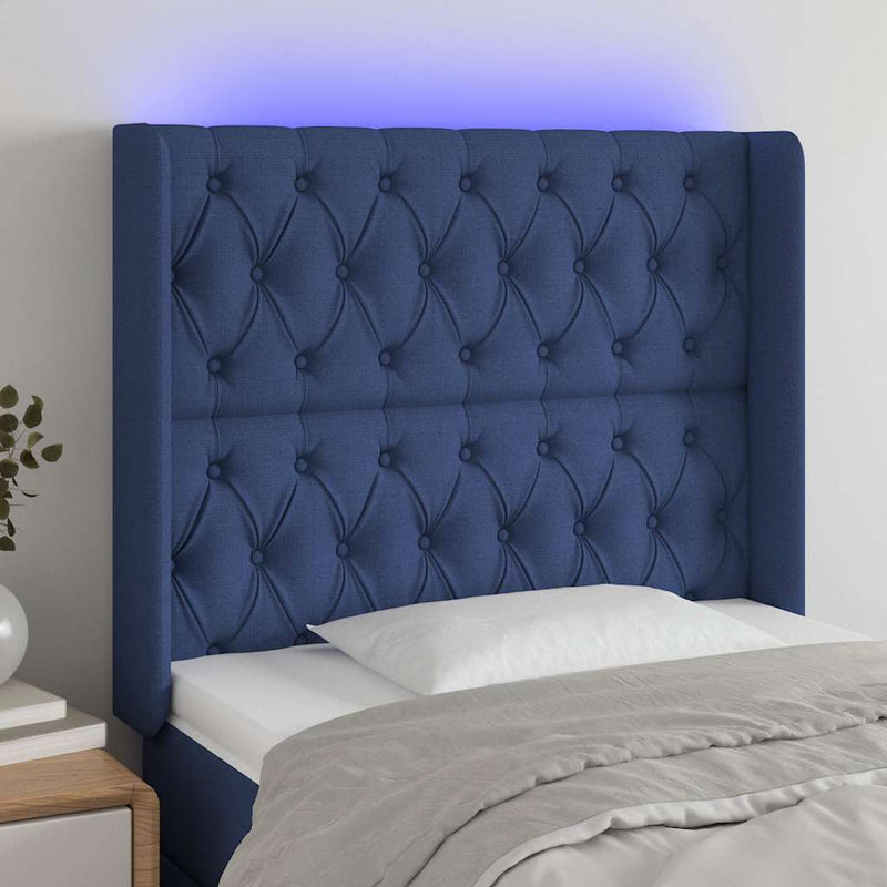 Tăblie de pat cu LED, albastru, 93x16x118/128 cm, textil