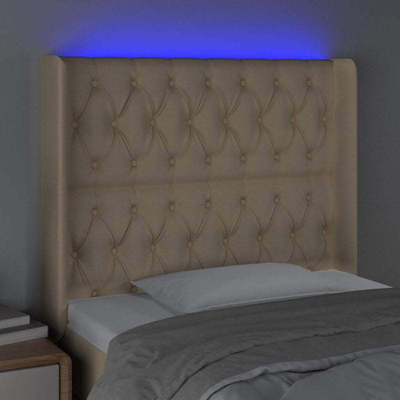 Tăblie de pat cu LED, crem, 103x16x118/128 cm, textil