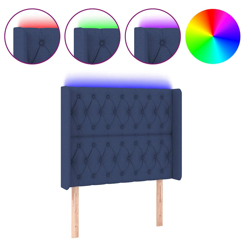 Tăblie de pat cu LED, albastru, 103x16x118/128 cm, textil