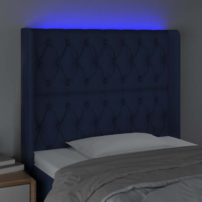 Tăblie de pat cu LED, albastru, 103x16x118/128 cm, textil
