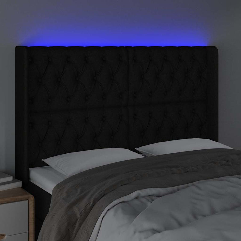 Tăblie de pat cu LED, negru, 147x16x118/128 cm, textil