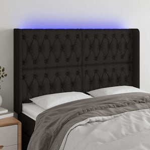 Tăblie de pat cu LED, negru, 147x16x118/128 cm, textil