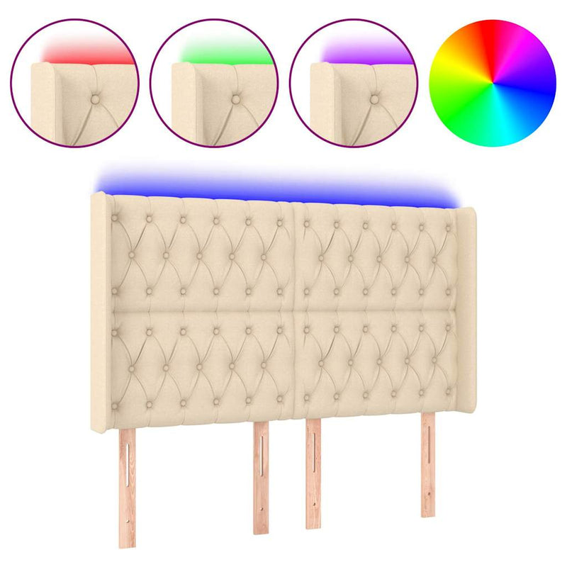 Tăblie de pat cu LED, crem, 147x16x118/128 cm, textil