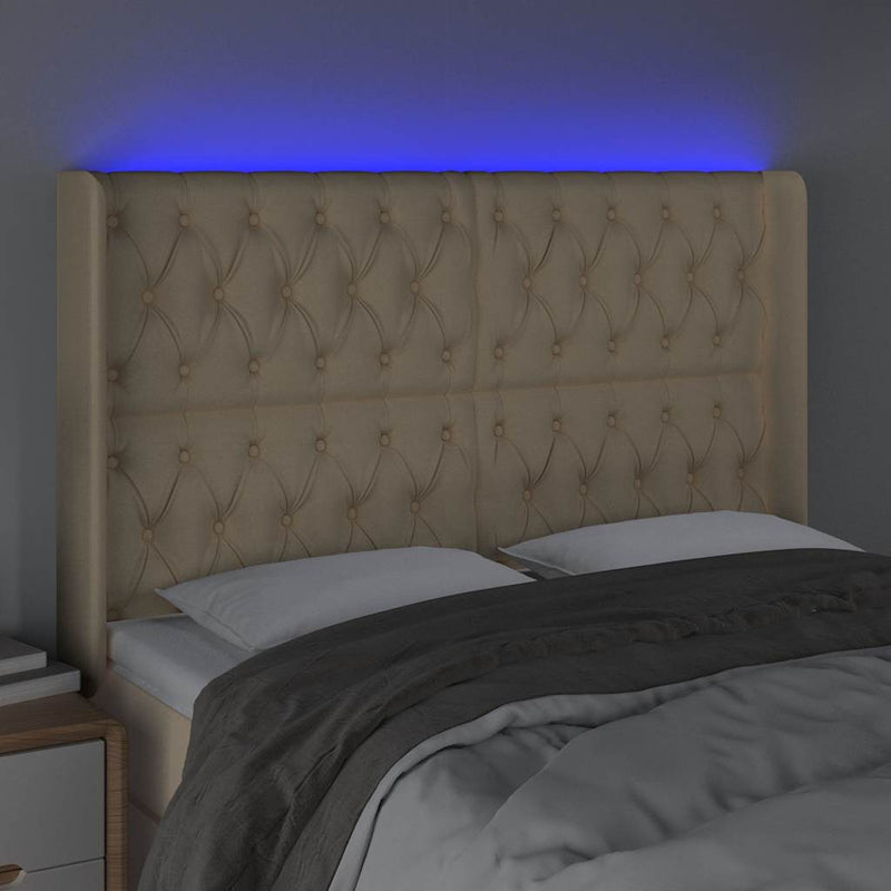 Tăblie de pat cu LED, crem, 147x16x118/128 cm, textil